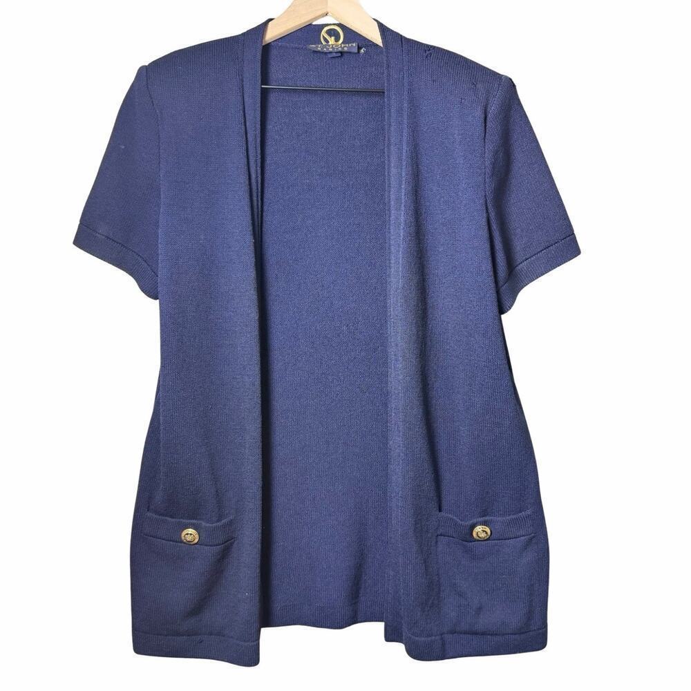 St. John Sweater Open Front Short Sleeve Navy Cardigan Pockets size S